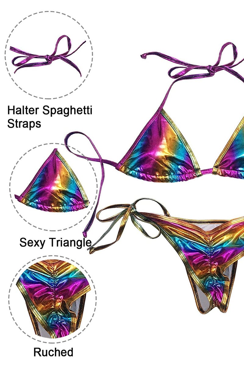 Balasami Women's Liquid Metallic Rainbow Bikini Sets Shiny String Padded Triangle 2 Pieces Swimsuit Set - Image 3